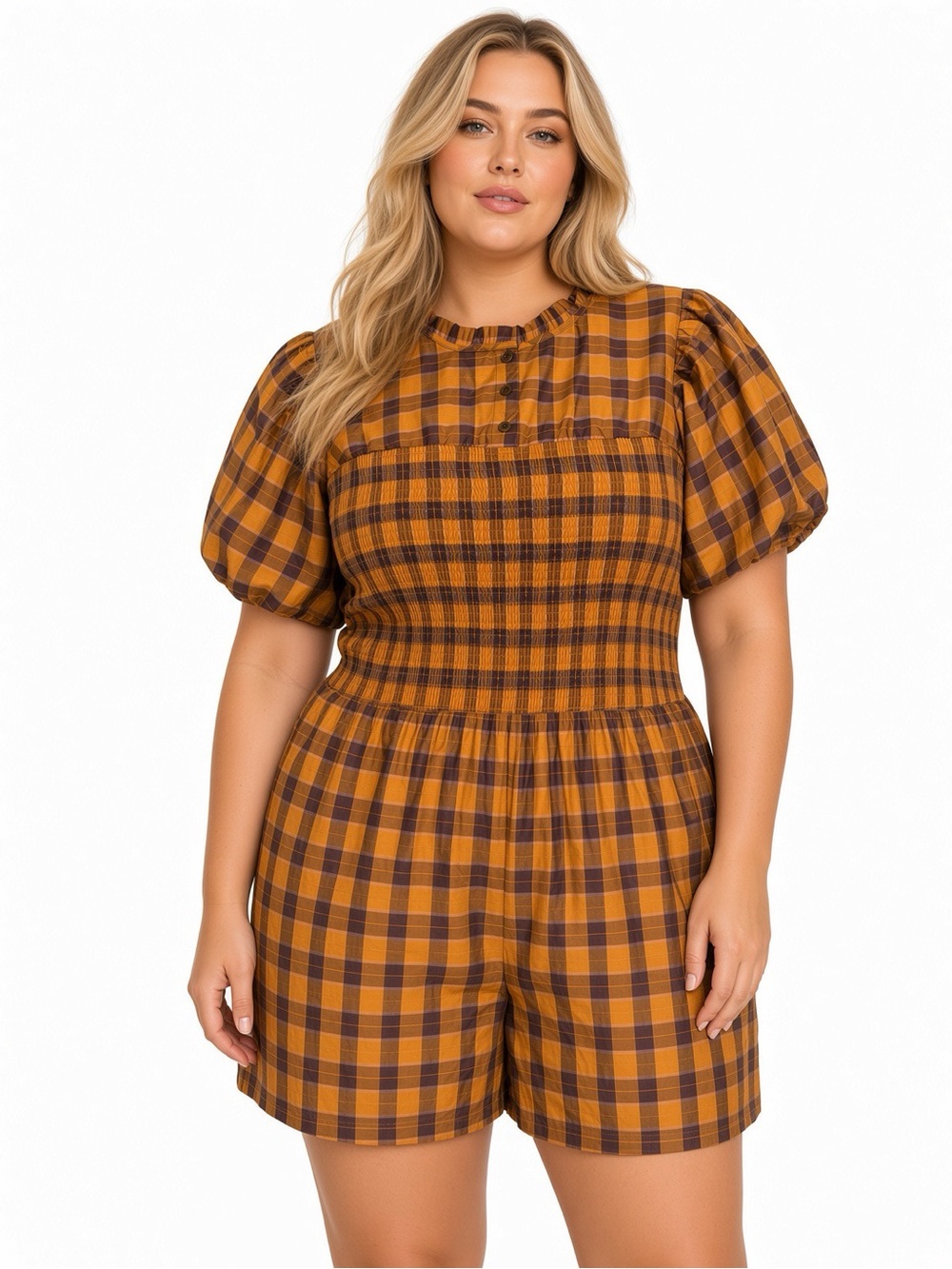 NWT Maeve Anthropologie Plus Plaid Puff Sleeve Smocked Romper 3X